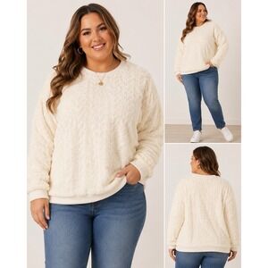 Love Life Womens 3X Faux Fur Sweater Cream Plush Textured Pullover Plus Size